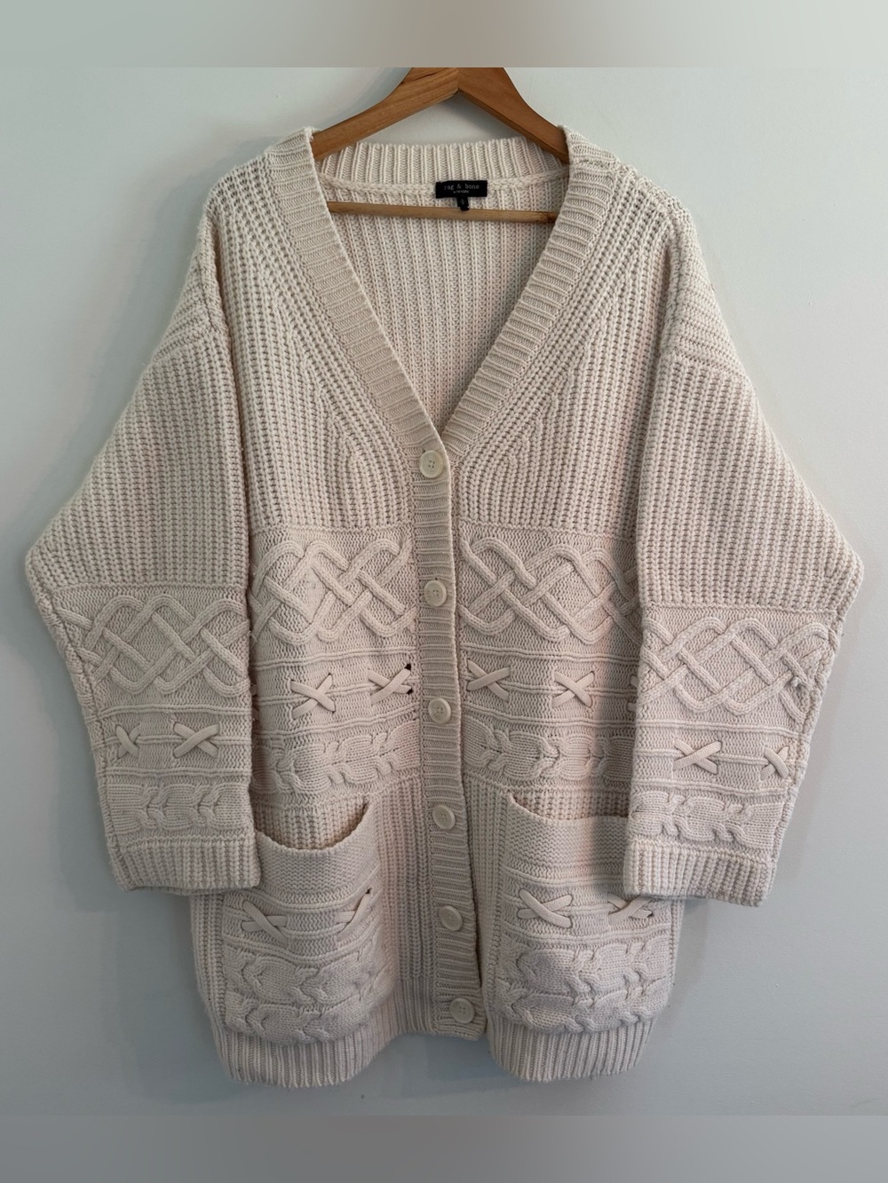 Rag & Bone Conley Cable Knit Wool Cashmere Button-Down Cardigan Ivory Large - Picture 2 of 13